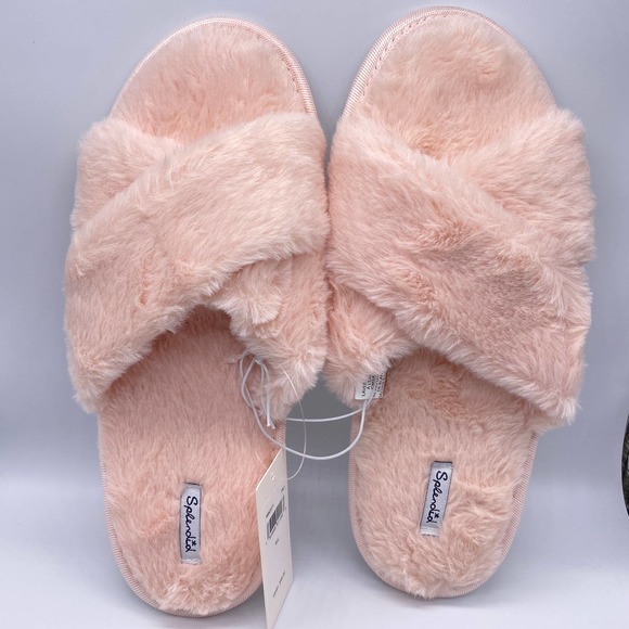 SPLENDID Fuzzy Faux Fur Slide Slippers Criss Cross Front Size M/L Pink - Picture 2 of 4